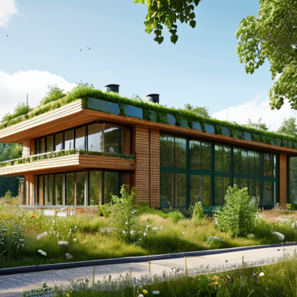 **Sustainable Building Integrated with Nature:** A modern architectural design where a building seamlessly blends into a lush green landscape, emphasizing environmentally friendly materials, solar panels, and energy efficiency. Include elements of Swedish nature like birch trees and wildflowers.
