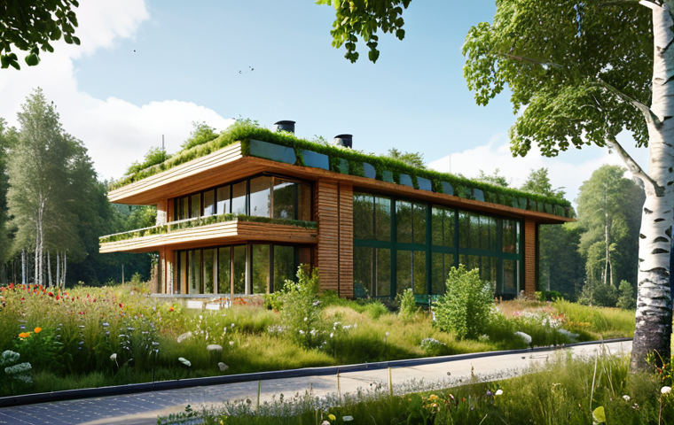 **Sustainable Building Integrated with Nature:** A modern architectural design where a building seamlessly blends into a lush green landscape, emphasizing environmentally friendly materials, solar panels, and energy efficiency. Include elements of Swedish nature like birch trees and wildflowers.